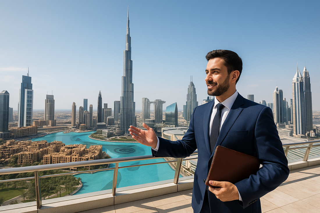 High-resolution panoramic view of Dubai’s real estate skyline in 2025, showcasing premium residential towers and waterfront developments ideal for Arab investors seeking UAE residency.