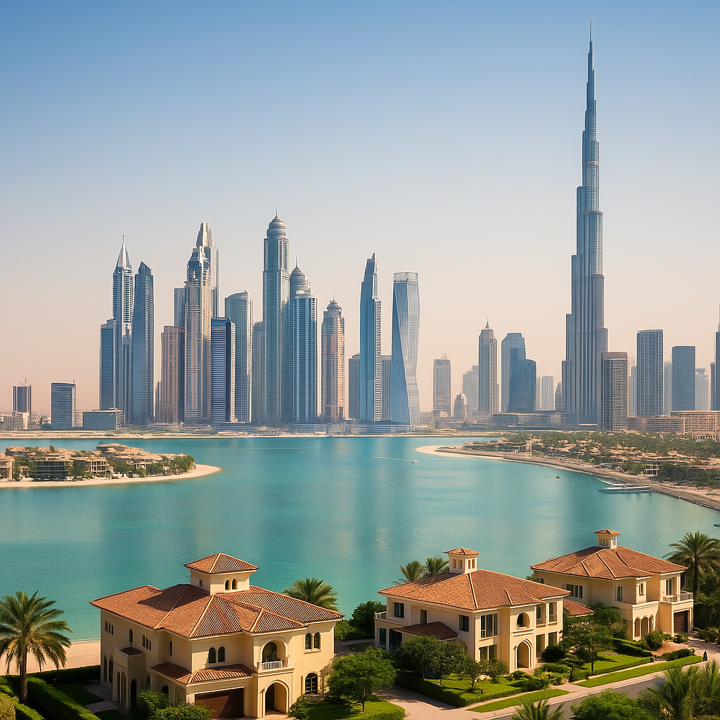 شراء عقار في دبي للأجانب 2025 – إطلالة بانورامية على ناطحات سحاب دبي الحديثة في مناطق التملك الحر مثل دبي مارينا ووسط المدينة، تعكس جاذبية الاستثمار العقاري في الإمارات.
