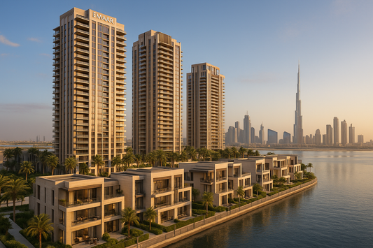 Luxury apartments and waterfront villas in Dubai Creek Harbour by Emaar with marina views, Burj Khalifa skyline, and family-friendly community atmosphere.