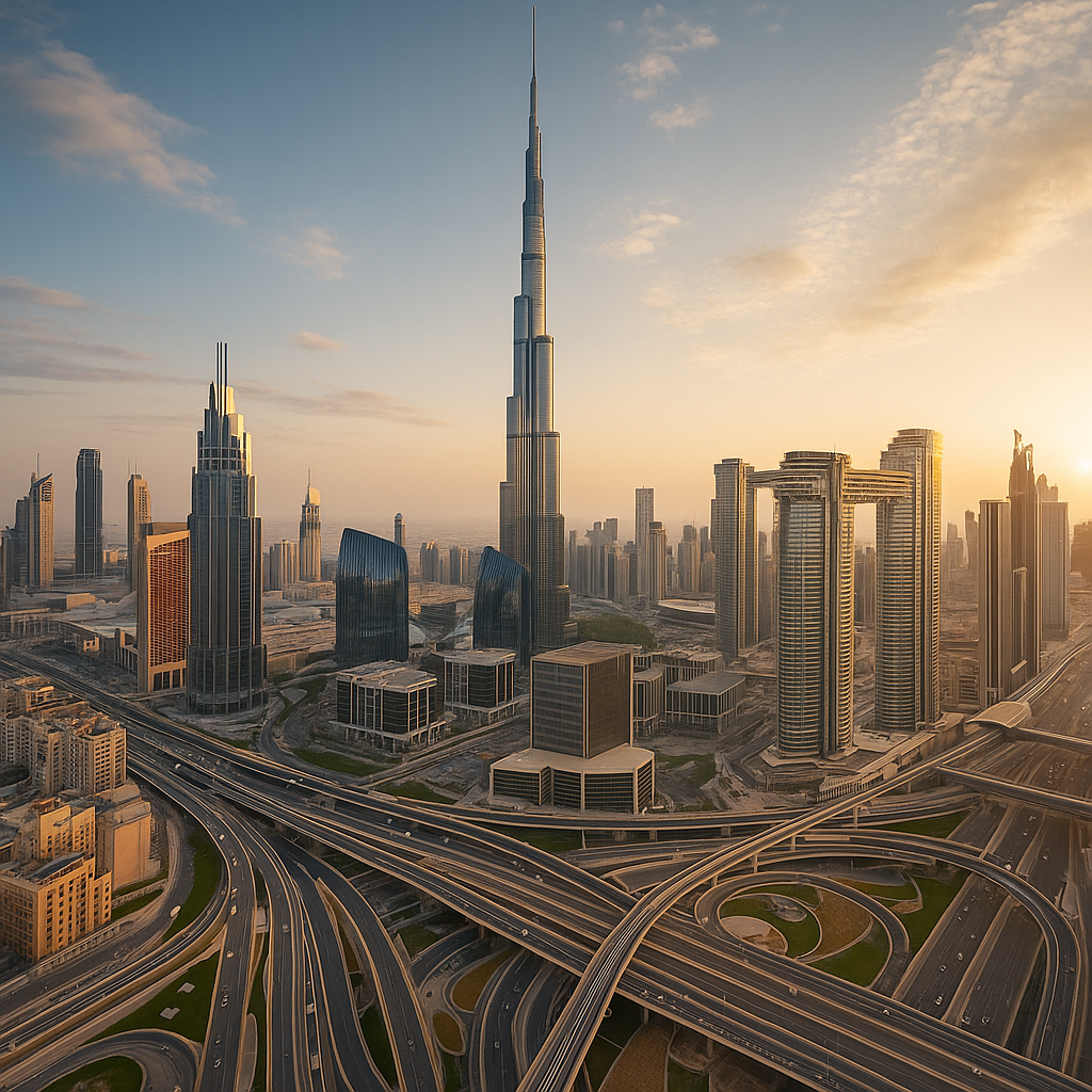 A high-resolution photo of modern real estate projects in Dubai, showing luxurious skyscrapers, construction cranes, and urban infrastructure, symbolizing off-plan property investment opportunities in 2025.