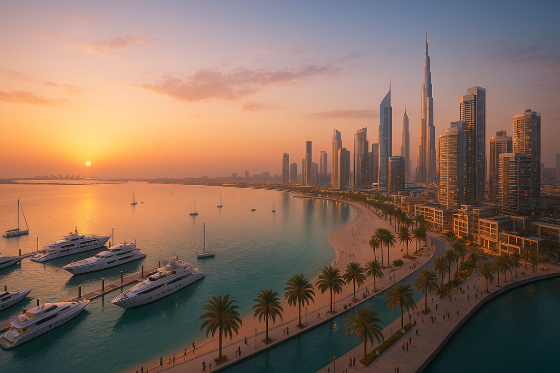 مشهد بانورامي لأفق دبي ومشاريع الواجهة البحرية الجديدة 2025، مع اليخوت والمارينا والشواطئ، يبرز نخلة جبل علي وجزر دبي ومرسى راشد وخور دبي.