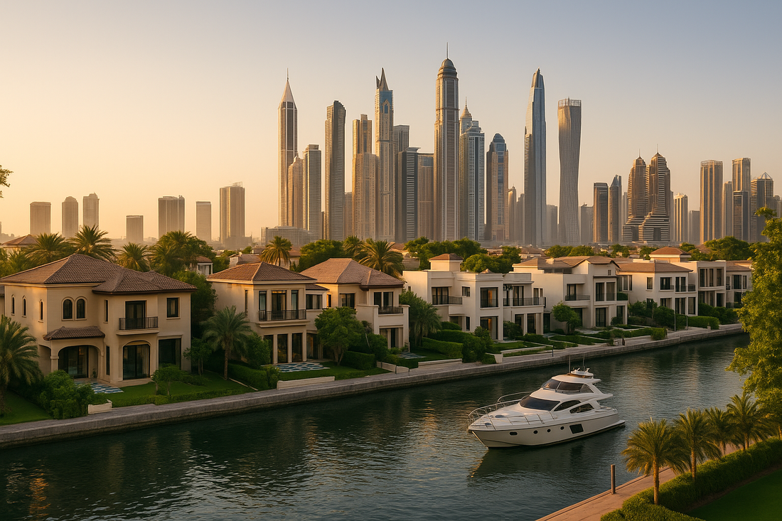 أفق دبي على الواجهة البحرية عند الغروب مع أبراج فاخرة ويخوت، يعبّر عن سوق العقارات الفاخرة 2025 وخدمات أفضل مستشار عقاري في دبي للفلل والتاون هاوس والبنتهاوس