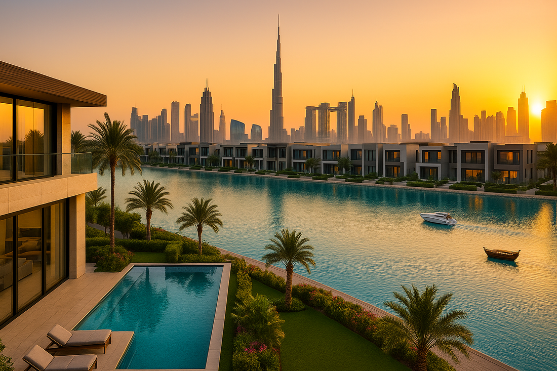 واجهة دبي البحرية الجديدة مع أبراج حديثة ومارينا — مشهد يبرز فلل، تاون هاوس وبنتهاوس فاخرة وفرص استثمار عقاري للمغتربين والخليجيين في 2025.