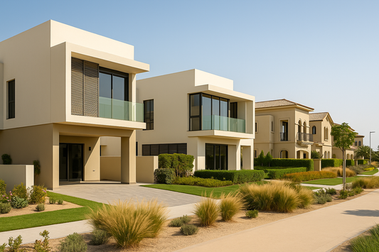 Modern luxury villas and townhouses in Dubai with contemporary architecture, private gardens, and panoramic skyline views