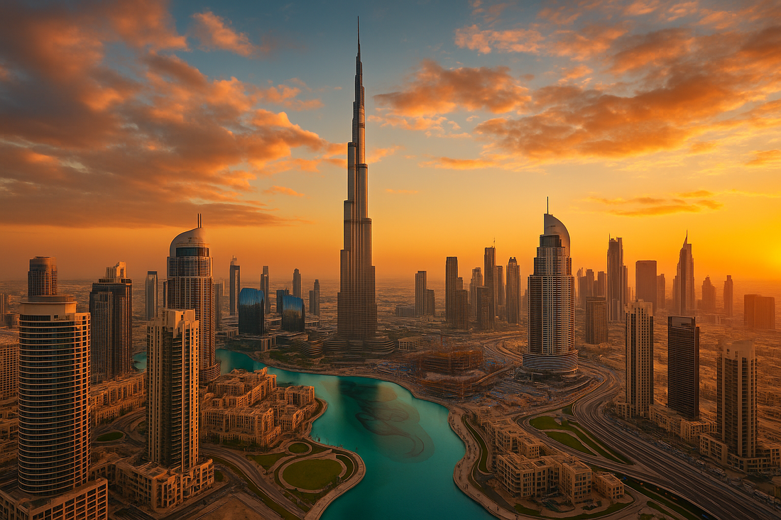 مشهد واقعي لأفق دبي في 2025 بلون غروب يجذب الانتباه، يبرز الأبراج الجديدة، القناة المائية، والمناطق العمرانية الحديثة. صورة مناسبة لمقالات العقارات والمشاريع الجديدة في دبي وتساعد على الظهور في نتائج البحث لمحركات الصور.