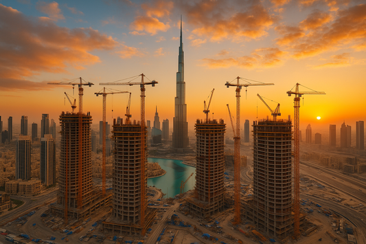 صورة واقعية لأكبر مواقع الإنشاء في قلب دبي، تظهر خمسة أبراج عملاقة قيد التطوير أمام برج خليفة وغروب قوي يبرز الألوان. مناسبة لمقالات الاستثمار والمشاريع المستقبلية وتساعد على الظهور في نتائج البحث الخاصة بعقارات دبي والمشاريع قيد الإنشاء.