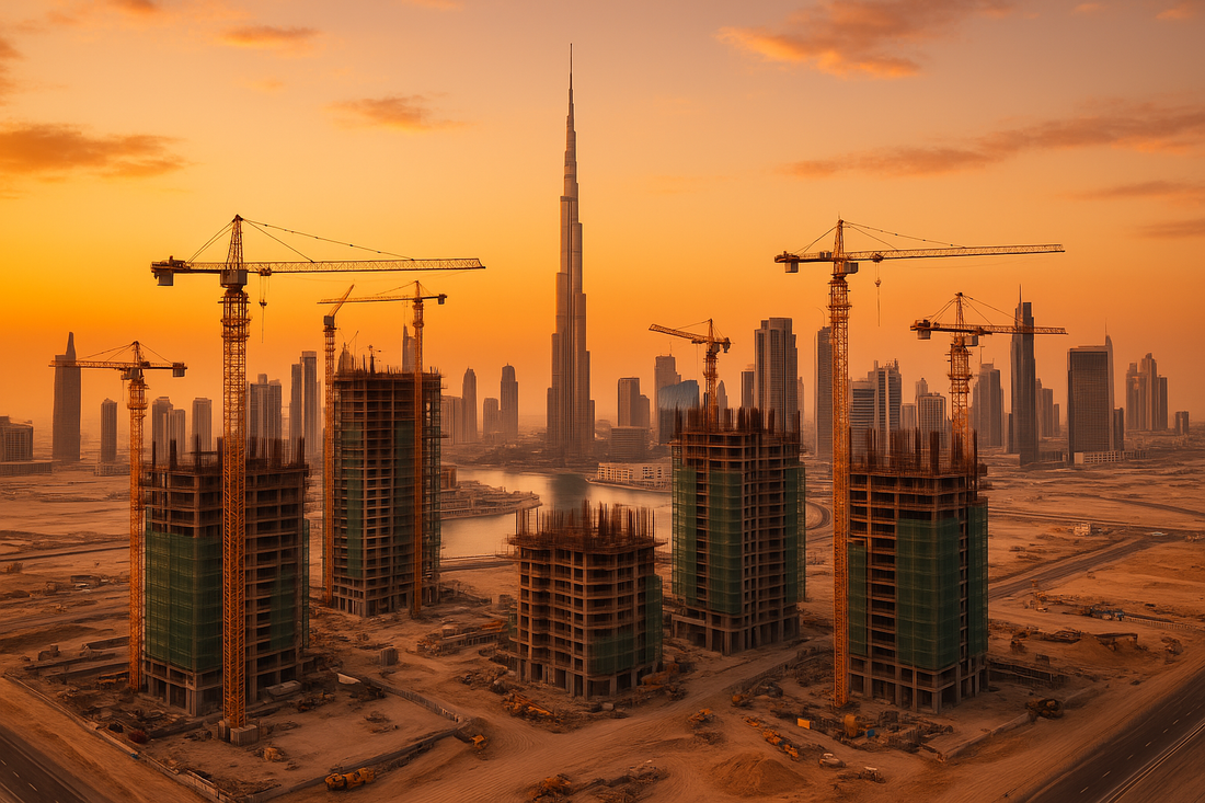 صورة حقيقية لمنطقة إنشائية في قلب دبي، تظهر الأبراج الجديدة قيد التطوير أمام برج خليفة مع ألوان غروب لافتة. المشهد يعكس نمو المناطق الاستثمارية ويعطي انطباعًا واضحًا عن ديناميكية سوق العقارات في دبي لعام 2025.