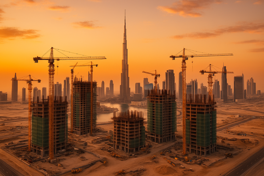 صورة حقيقية لمنطقة إنشائية في قلب دبي، تظهر الأبراج الجديدة قيد التطوير أمام برج خليفة مع ألوان غروب لافتة. المشهد يعكس نمو المناطق الاستثمارية ويعطي انطباعًا واضحًا عن ديناميكية سوق العقارات في دبي لعام 2025.