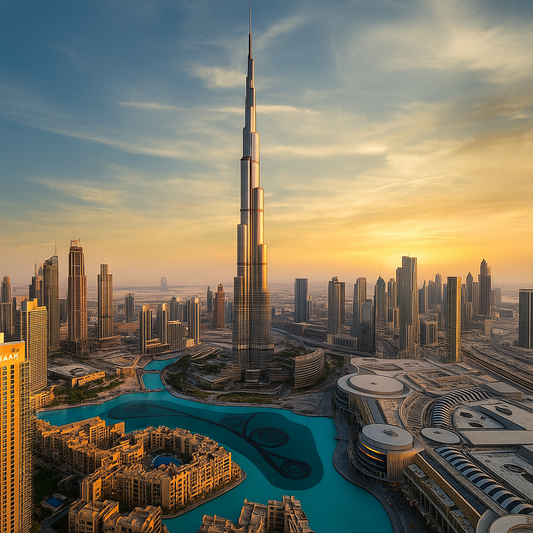High-resolution image of Dubai skyline with Burj Khalifa at sunset, ideal for articles on buying property and real estate investment in Dubai 2025.