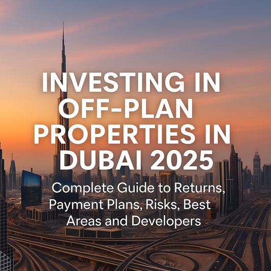 High-resolution image of Dubai skyline at sunset with Burj Khalifa, used for an article about investing in off-plan properties in Dubai 2025, covering ROI, payment plans, risks, and top developers.
