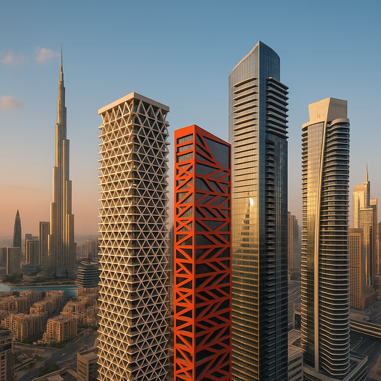 Dubai skyline with Binghatti towers and Burj Khalifa at sunset, highlighting luxury real estate architecture.