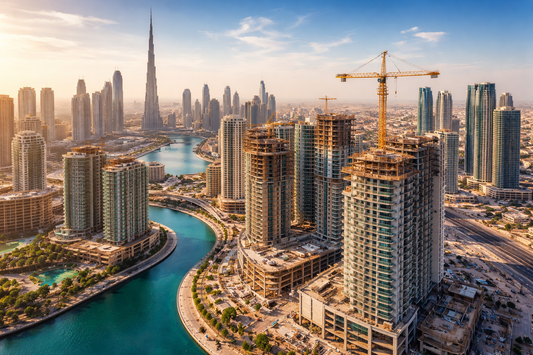 منظر جوي حديث لمدينة دبي يظهر مشاريع سكنية قيد الإنشاء بالقرب من القنوات المائية وناطحات السحاب، يعكس فرص الاستثمار العقاري في دبي وشراء عقار قيد الإنشاء ضمن مناطق مخططة ذات طلب حقيقي.