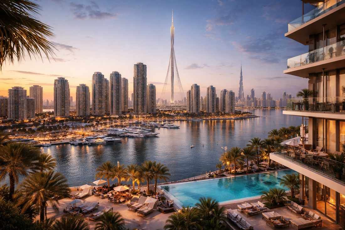 صورة جذابة لواجهة خور دبي تظهر أبراج سكنية حديثة ومشاريع قيد الإنشاء مع أفق دبي عند الغروب، تعكس شراء عقار في دبي من الجزائر، وفرص الاستثمار العقاري في دبي ضمن مناطق تملك حر مناسبة للمستثمرين الجزائريين.