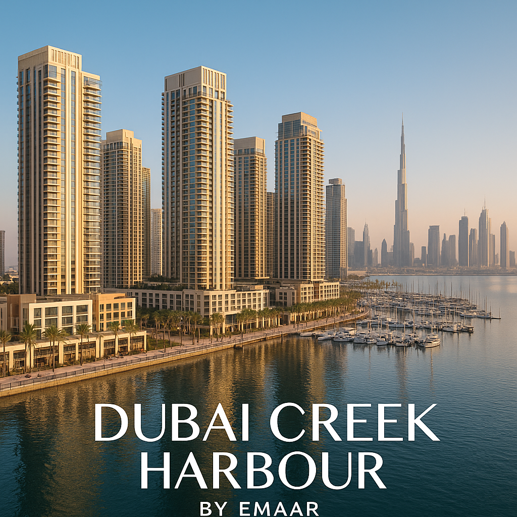 Aerial view of Dubai Creek Harbour by Emaar showing waterfront towers, marina with yachts, palm-lined promenade, and Burj Khalifa skyline in the background.