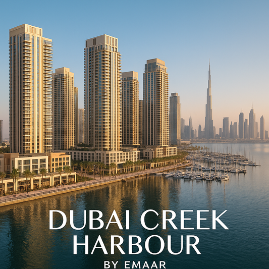 Aerial view of Dubai Creek Harbour by Emaar showing waterfront towers, marina with yachts, palm-lined promenade, and Burj Khalifa skyline in the background.