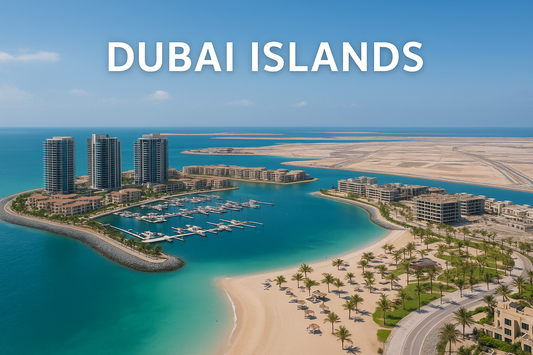 High-resolution aerial view of Dubai Islands showcasing luxury waterfront developments, beaches, and modern residential projects in 2025.
