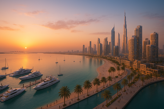 مشهد بانورامي لأفق دبي ومشاريع الواجهة البحرية الجديدة 2025، مع اليخوت والمارينا والشواطئ، يبرز نخلة جبل علي وجزر دبي ومرسى راشد وخور دبي.