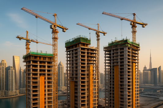 أبراج سكنية قيد الإنشاء في دبي مع إطلالة على المرسى والأفق