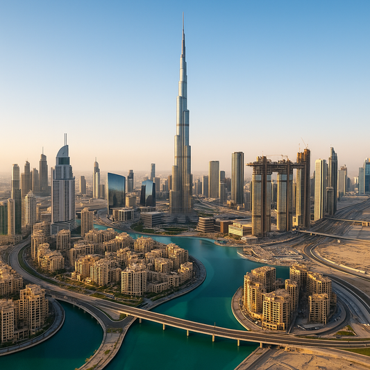 Aerial view of modern residential and waterfront properties in Dubai, ideal for Arab expats from Europe seeking real estate investment and family residence.