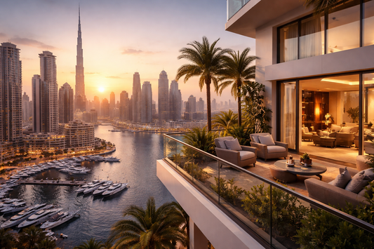 إطلالة فاخرة على عقارات دبي وقت الغروب تظهر شقة راقية مطلة على المارينا مع أفق دبي وبرج خليفة، تعكس نمط الحياة الفاخر وفرص الاستثمار العقاري في دبي للملاك والمستثمرين الباحثين عن بيع أو شراء عقار بأعلى قيمة.
