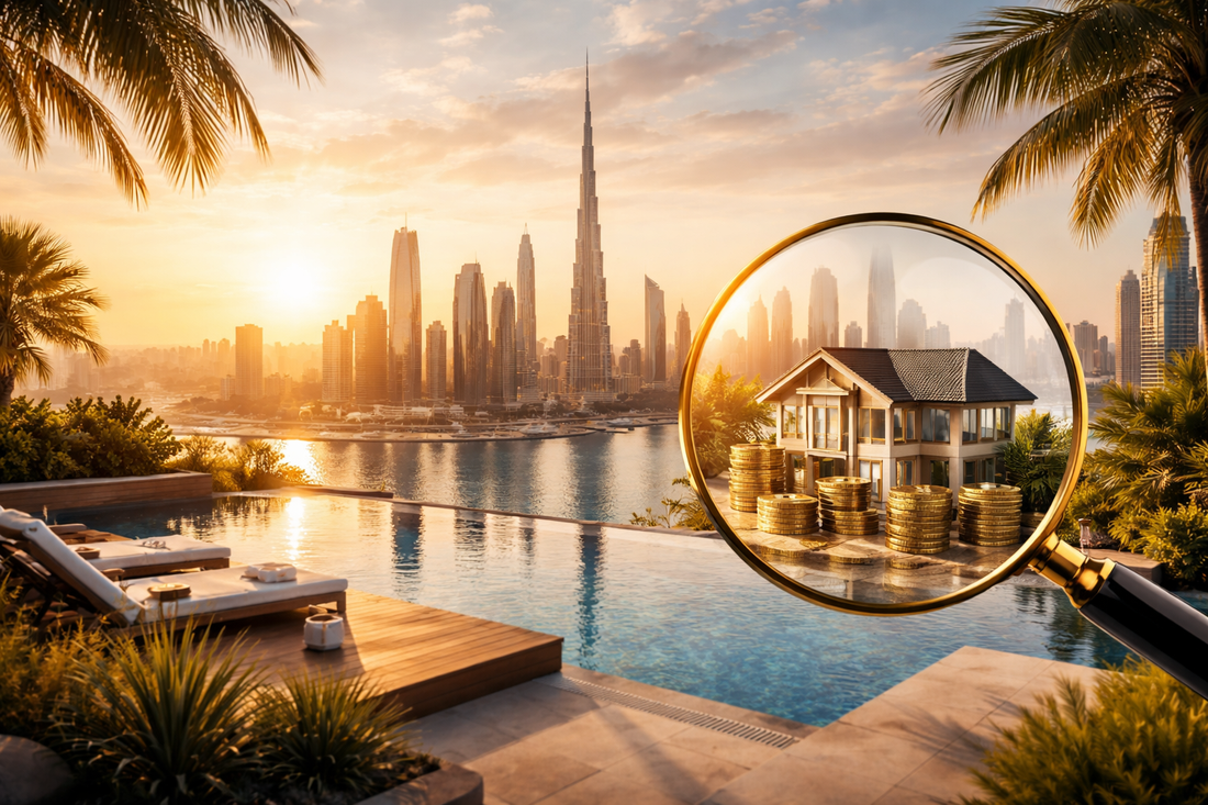 مشهد واقعي لأفق دبي وقت الغروب مع عنصر تحليل استثماري يرمز لاتخاذ قرار واعٍ قبل شراء عقار في دبي، مناسب لمقال يشرح متى لا يجب أن يستثمر المستثمر في العقارات رغم صعود السوق.