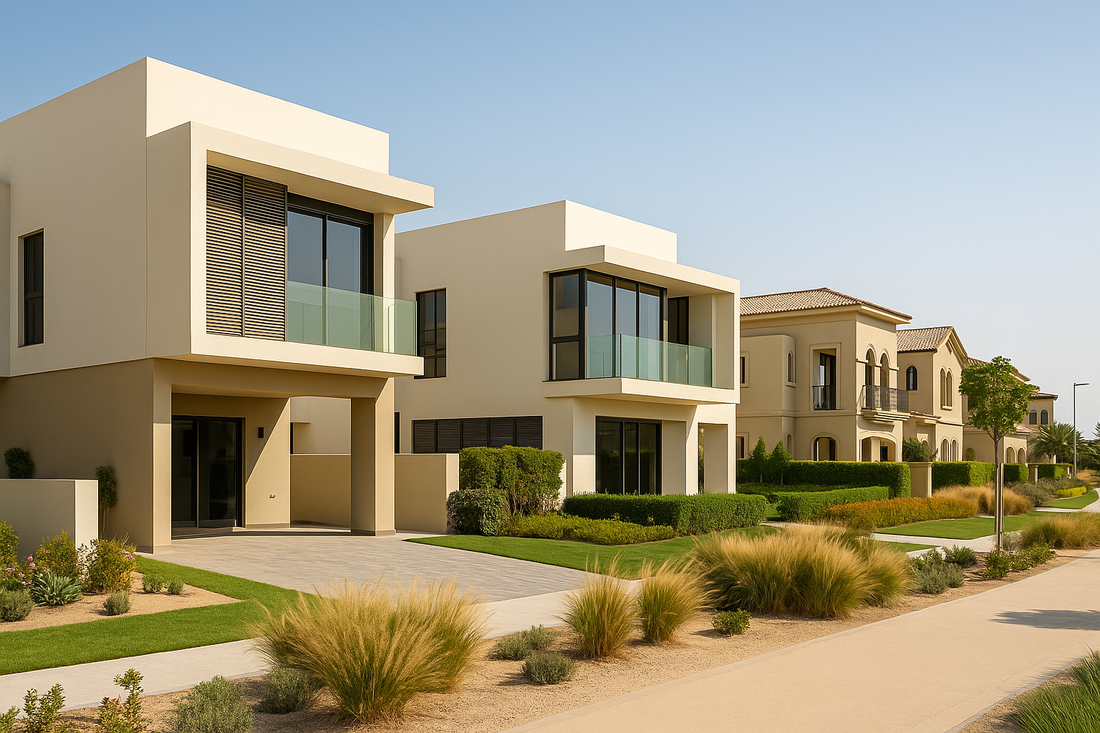 Modern luxury villas and townhouses in Dubai with contemporary architecture, private gardens, and panoramic skyline views