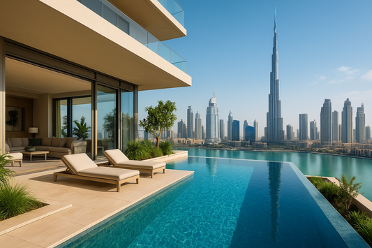 Luxury apartment with swimming pool in Dubai overlooking Burj Khalifa and the waterfront