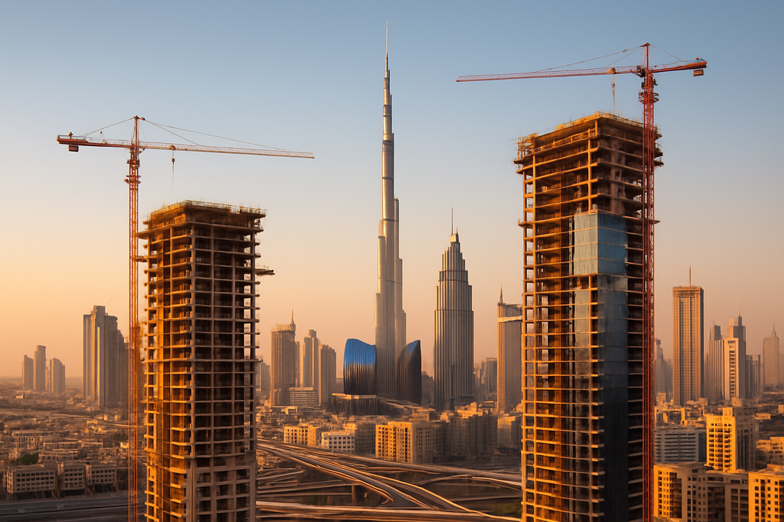 صورة واقعية لمشاريع قيد الإنشاء في دبي عام 2026 تظهر أبراجًا سكنية قيد التطوير مع رافعات بناء وأفق دبي يتوسطه برج خليفة وقت الغروب، تعكس نمو سوق العقارات قيد الإنشاء وفرص الاستثمار في الشقق والفلل للمستثمرين في دبي.